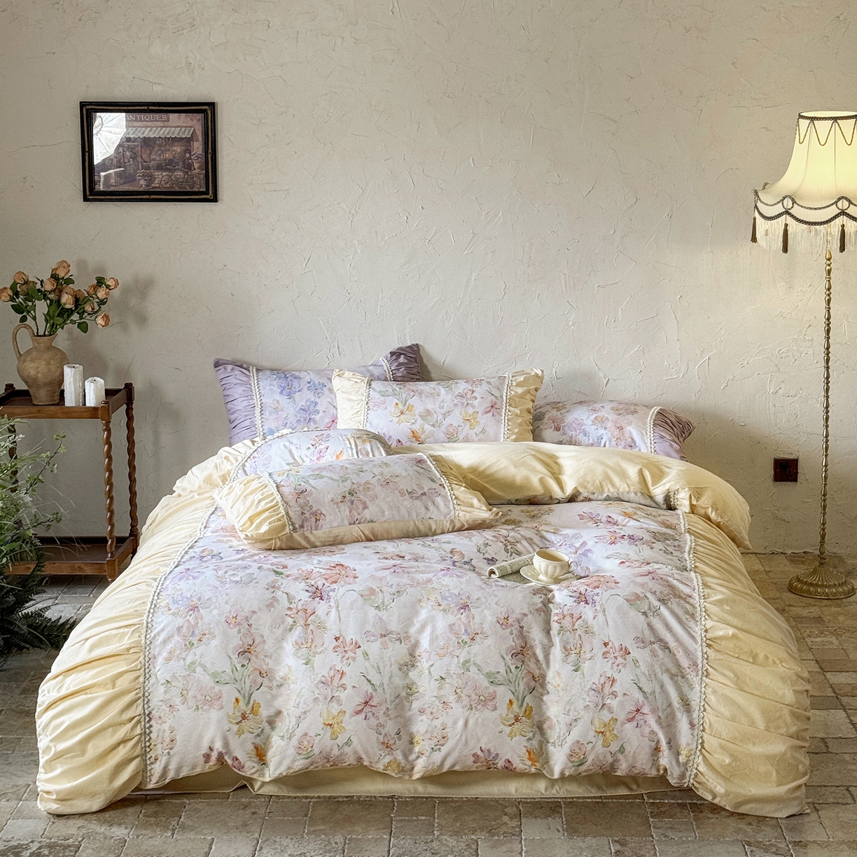 91家纺网 家纺一手货源 找家纺 寐居家纺 2025新款100支长绒棉纯棉磨毛四件套-蔓纱 蔓纱-米黄