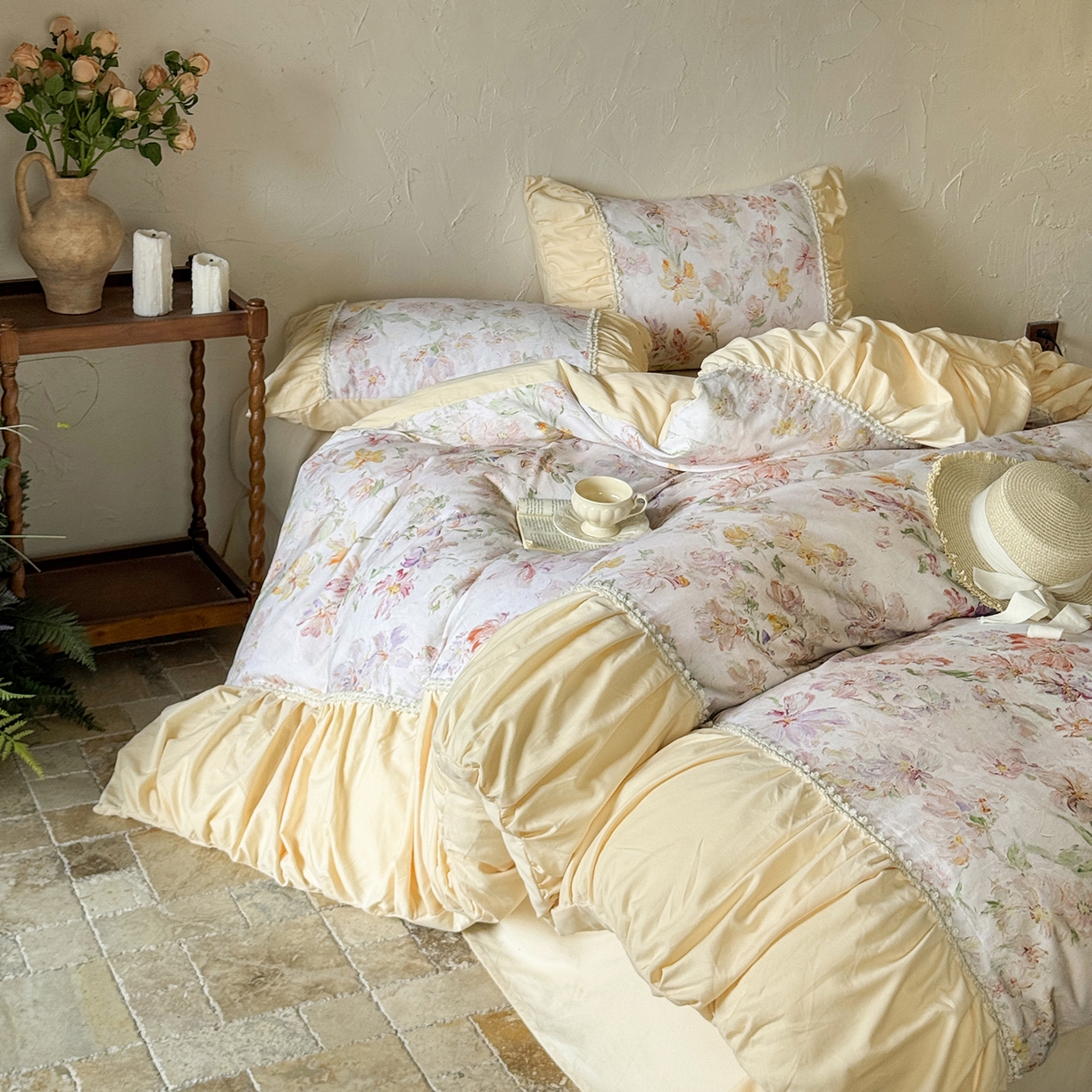 91家纺网 家纺一手货源 找家纺 寐居家纺 2025新款100支长绒棉纯棉磨毛四件套-蔓纱 蔓纱-米黄