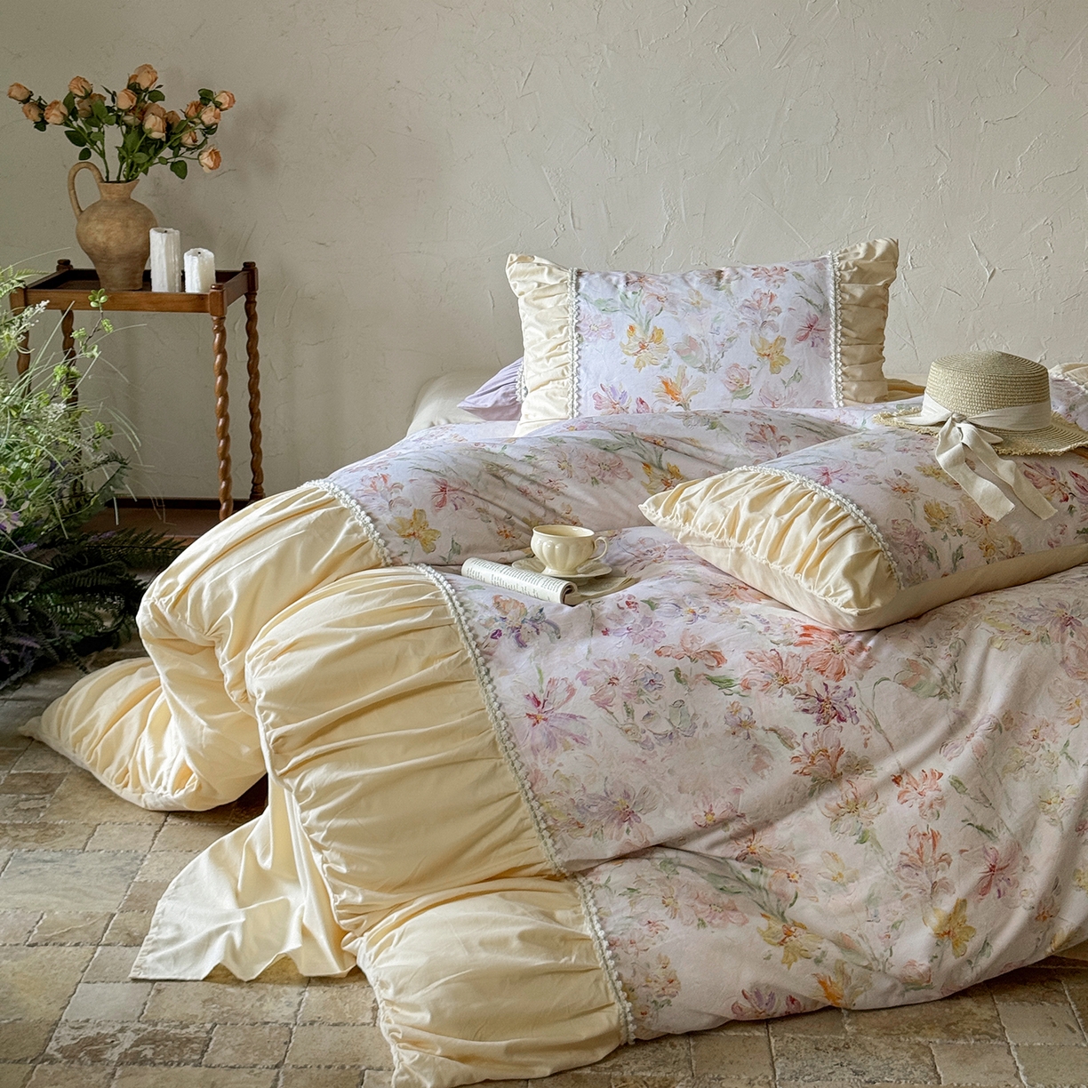 91家纺网 家纺一手货源 找家纺 寐居家纺 2025新款100支长绒棉纯棉磨毛四件套-蔓纱 蔓纱-米黄