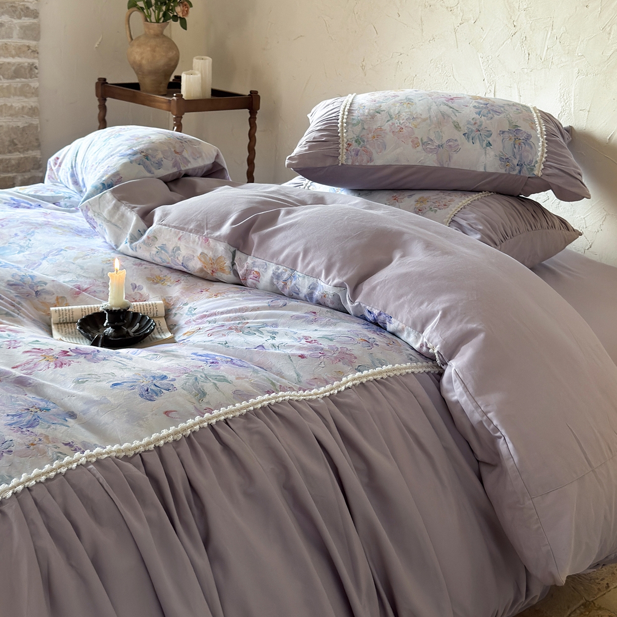 91家纺网 家纺一手货源 找家纺 寐居家纺 2025新款100支长绒棉纯棉磨毛四件套-蔓纱 蔓纱-紫