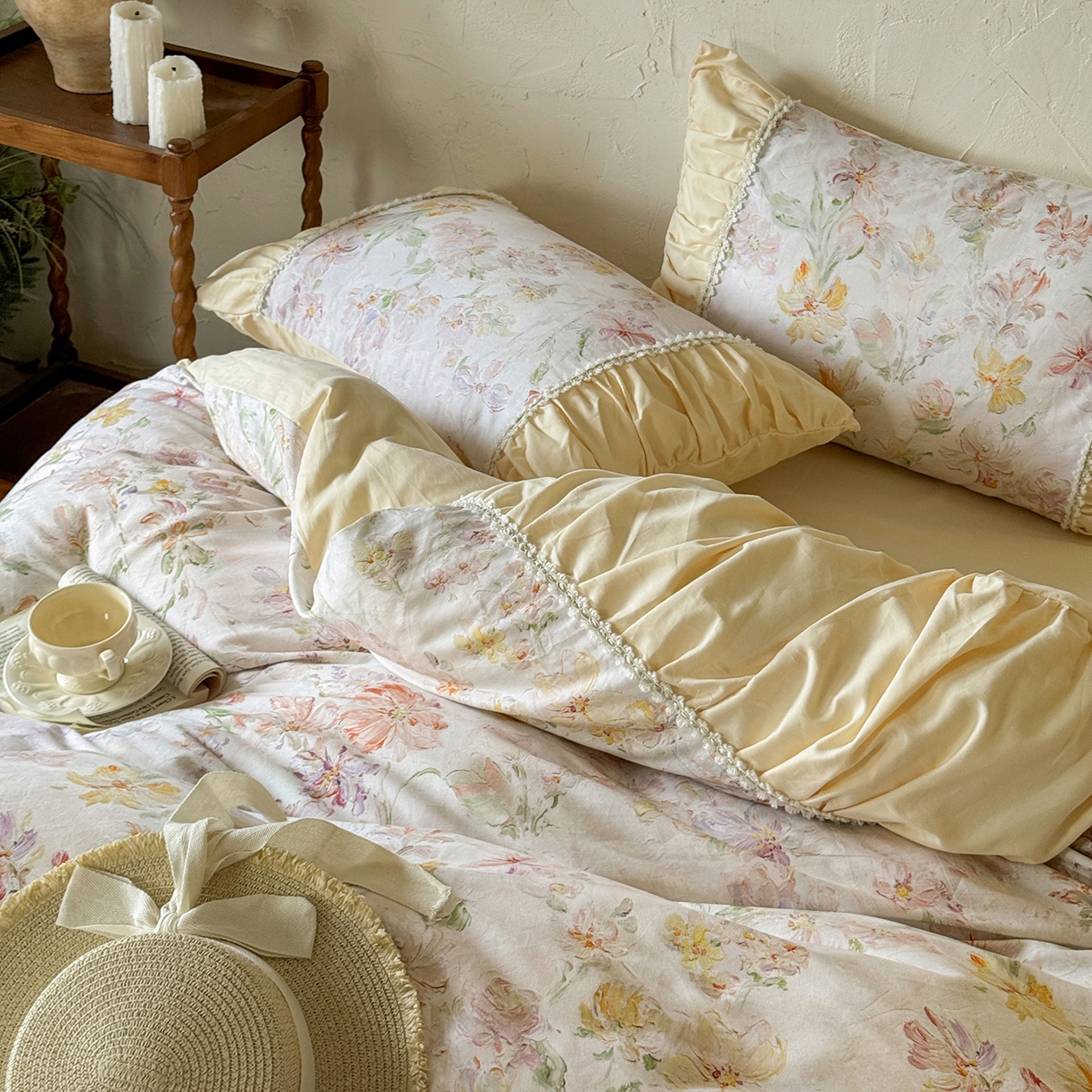 91家纺网 家纺一手货源 找家纺 寐居家纺 2025新款100支长绒棉纯棉磨毛四件套-蔓纱 蔓纱-米黄