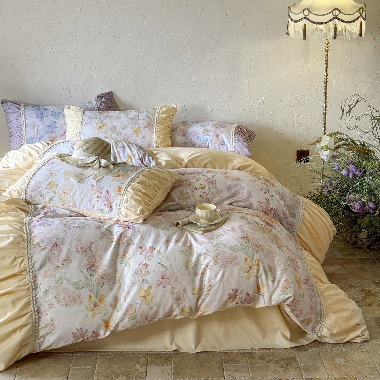 91家纺网 家纺一手货源 找家纺 寐居家纺 2025新款100支长绒棉纯棉磨毛四件套-蔓纱 蔓纱-米黄