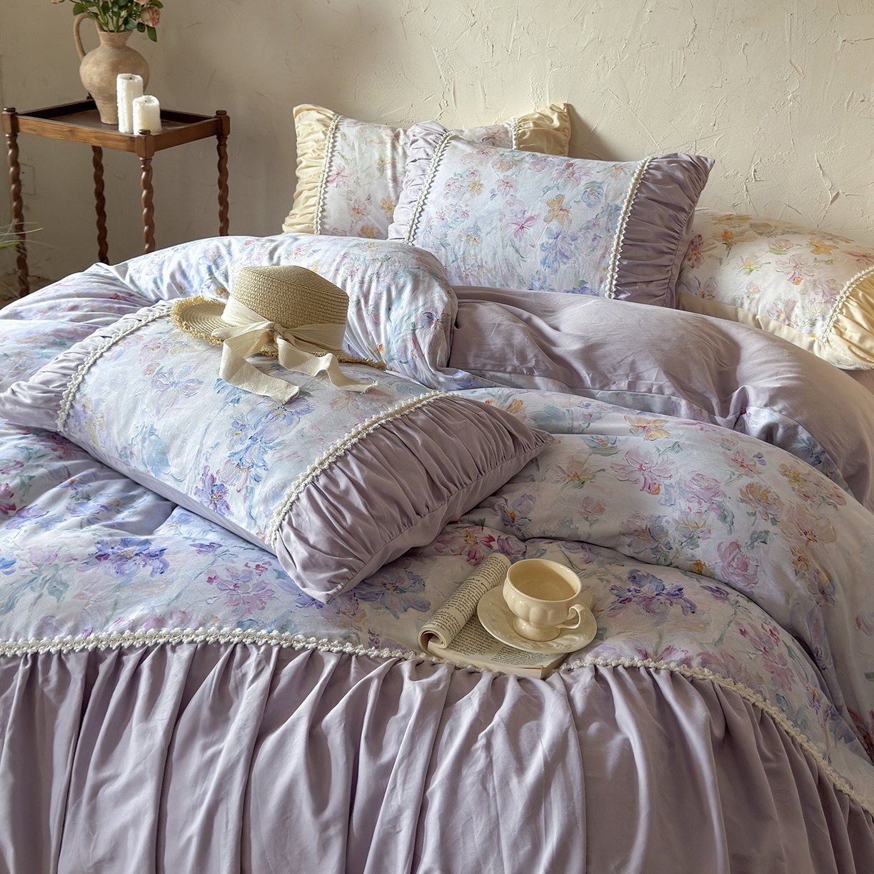 91家纺网 家纺一手货源 找家纺 寐居家纺 2025新款100支长绒棉纯棉磨毛四件套-蔓纱 蔓纱-紫