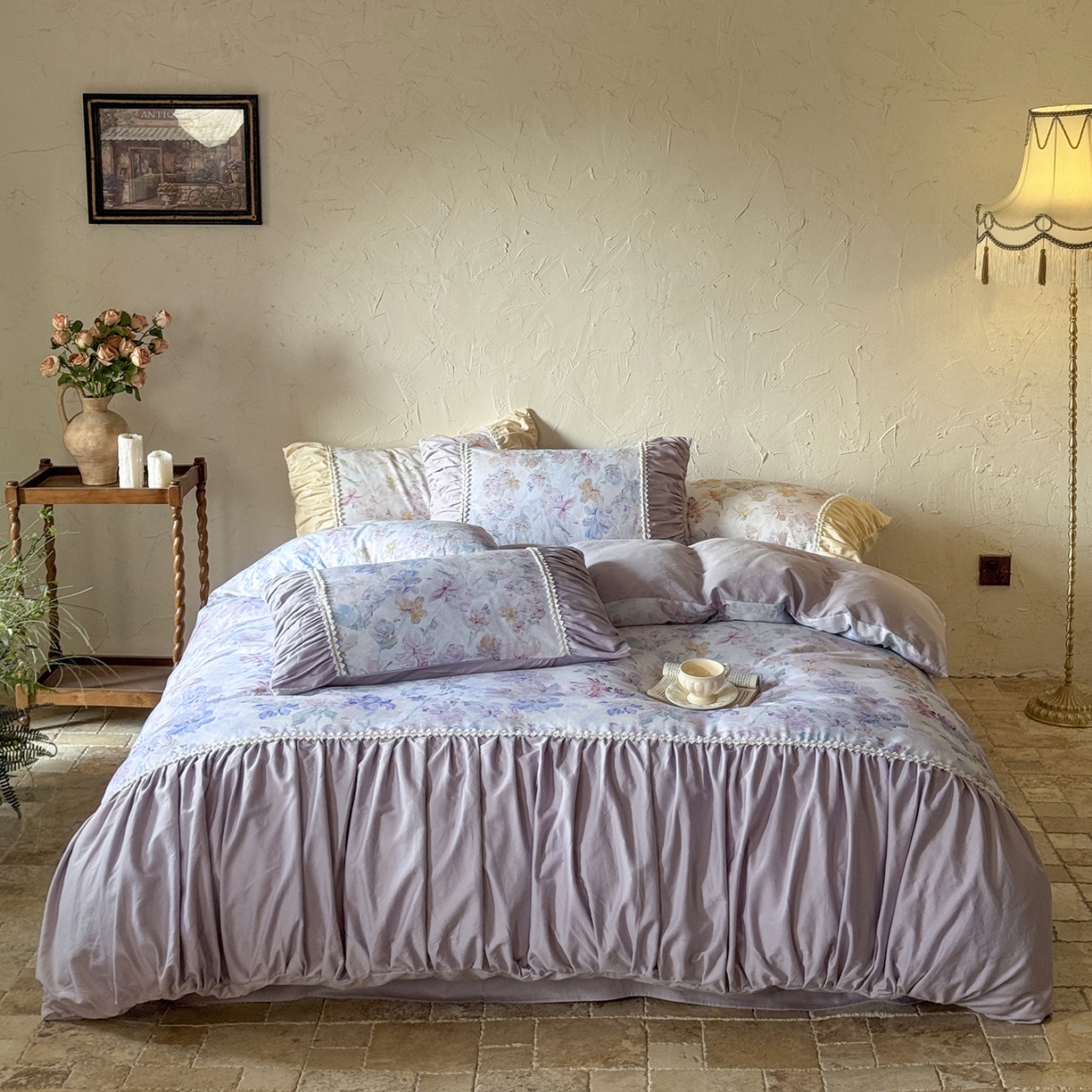 91家纺网 家纺一手货源 找家纺 寐居家纺 2025新款100支长绒棉纯棉磨毛四件套-蔓纱 蔓纱-紫