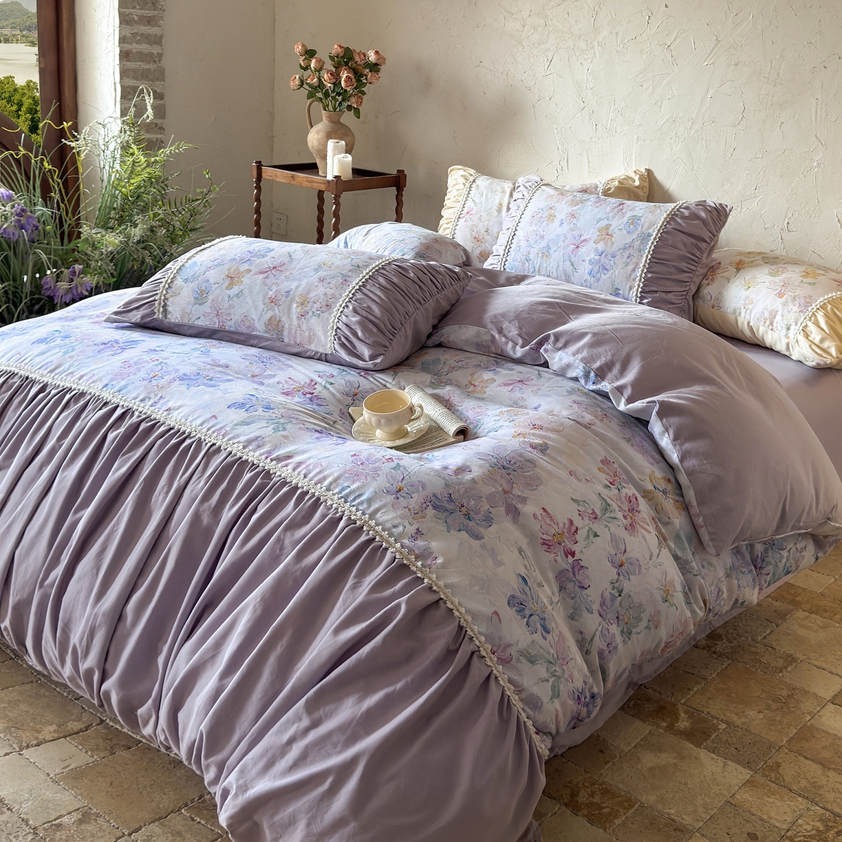 寐居家纺 2025新款100支长绒棉纯棉磨毛四件套-蔓纱 蔓纱-紫