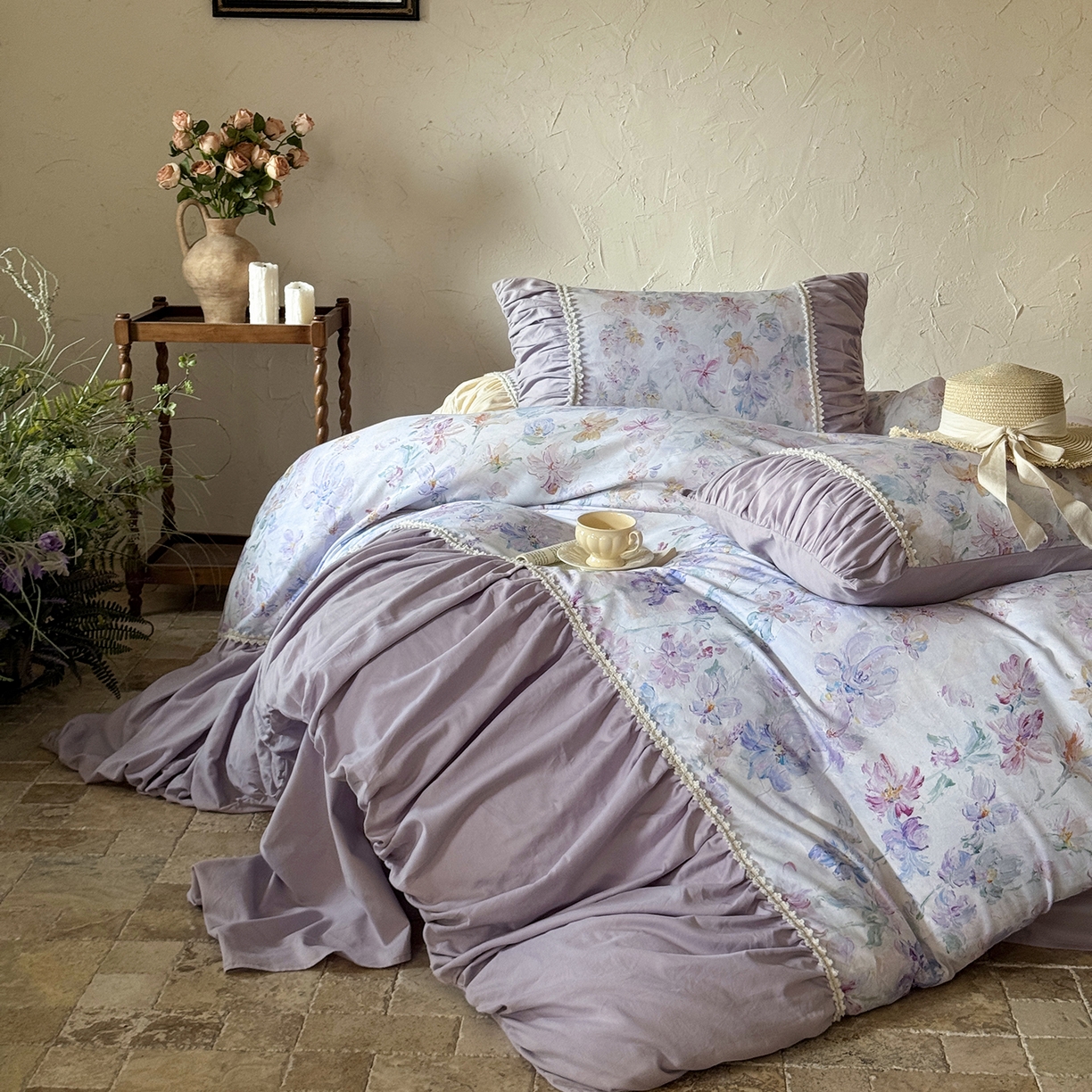 91家纺网 家纺一手货源 找家纺 寐居家纺 2025新款100支长绒棉纯棉磨毛四件套-蔓纱 蔓纱-紫