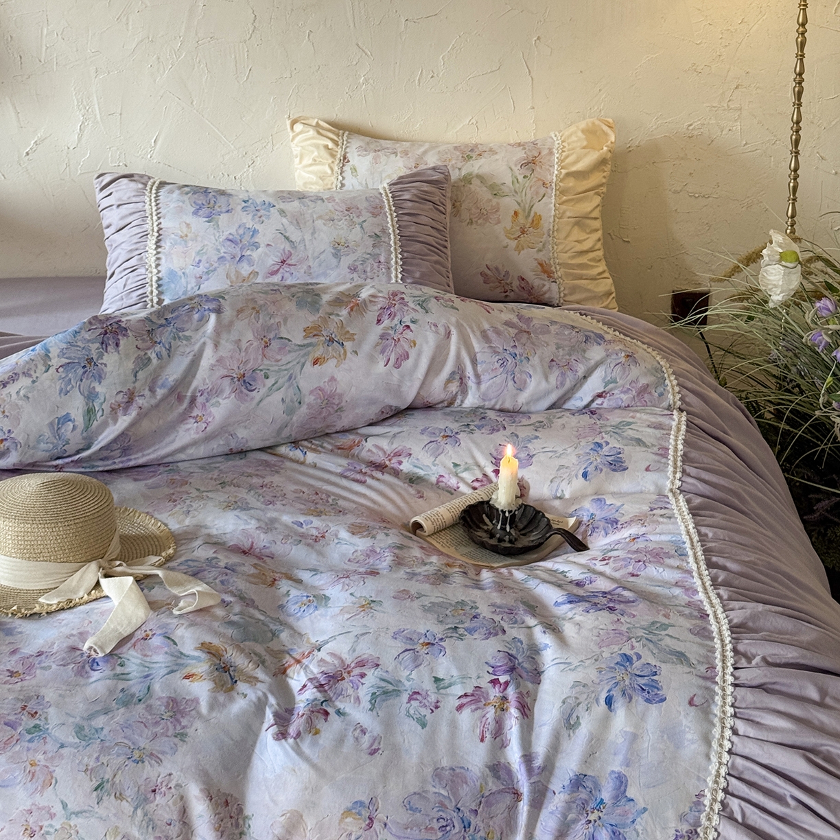 91家纺网 家纺一手货源 找家纺 寐居家纺 2025新款100支长绒棉纯棉磨毛四件套-蔓纱 蔓纱-紫