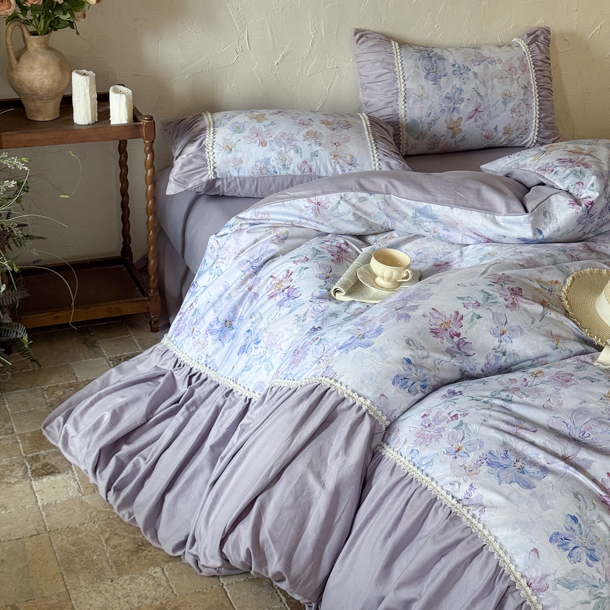 91家纺网 家纺一手货源 找家纺 寐居家纺 2025新款100支长绒棉纯棉磨毛四件套-蔓纱 蔓纱-紫