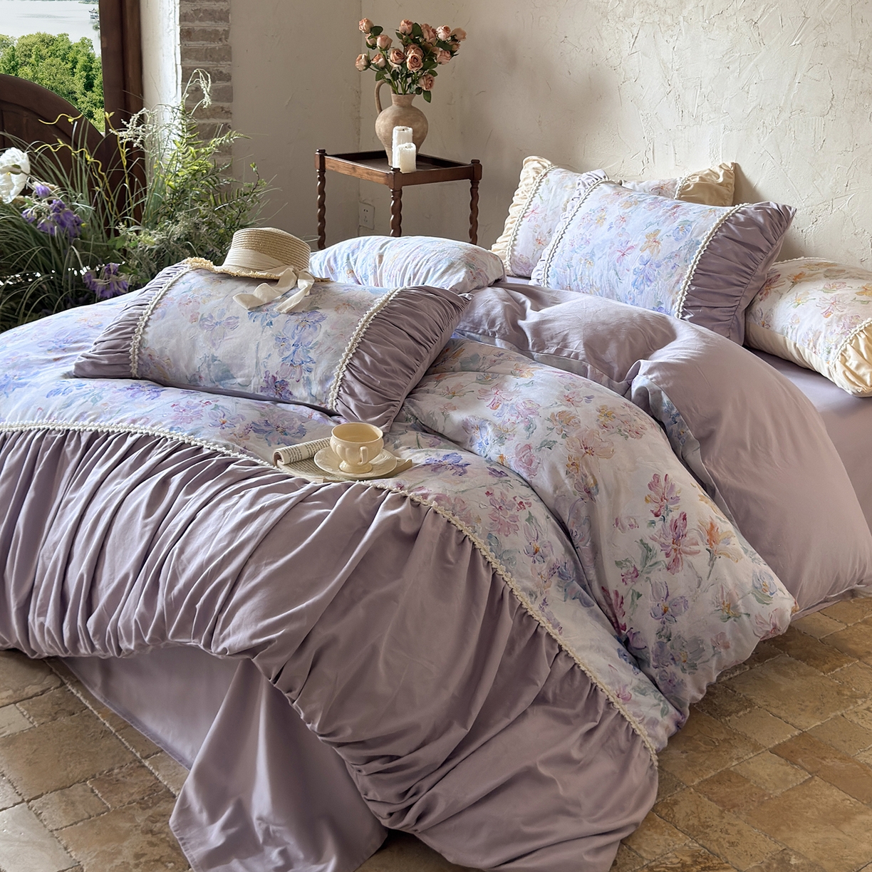 91家纺网 家纺一手货源 找家纺 寐居家纺 2025新款100支长绒棉纯棉磨毛四件套-蔓纱 蔓纱-紫