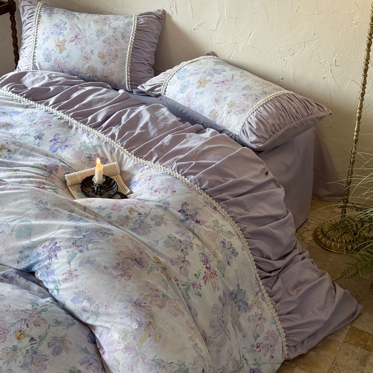 91家纺网 家纺一手货源 找家纺 寐居家纺 2025新款100支长绒棉纯棉磨毛四件套-蔓纱 蔓纱-紫