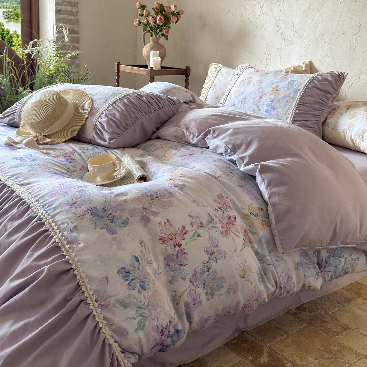 91家纺网 家纺一手货源 找家纺 寐居家纺 2025新款100支长绒棉纯棉磨毛四件套-蔓纱 蔓纱-紫