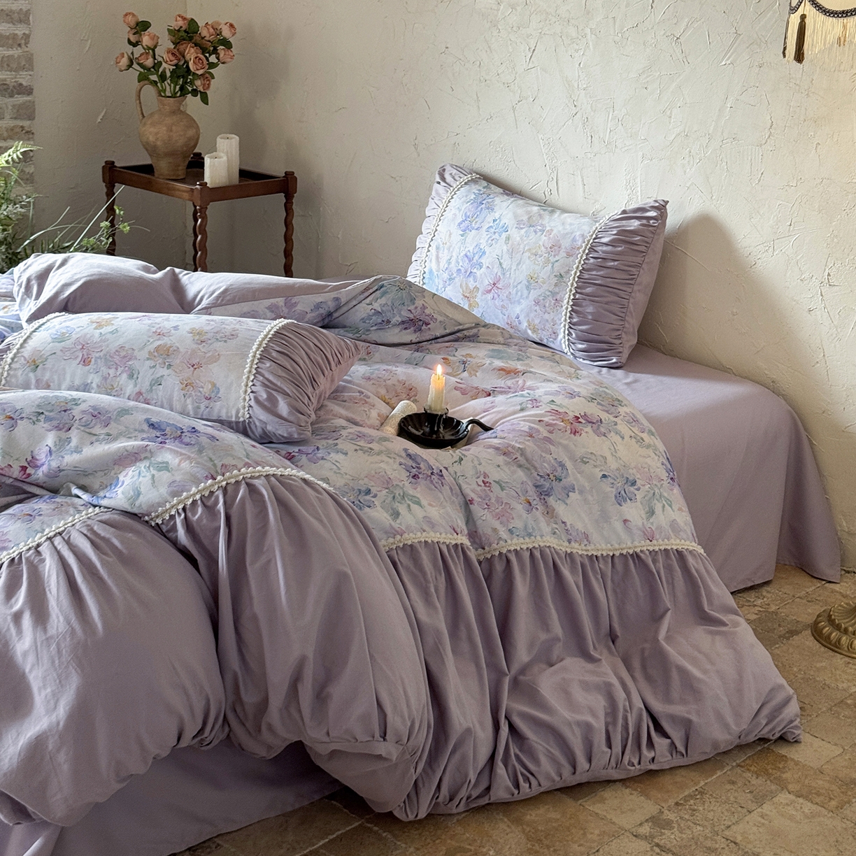 91家纺网 家纺一手货源 找家纺 寐居家纺 2025新款100支长绒棉纯棉磨毛四件套-蔓纱 蔓纱-紫