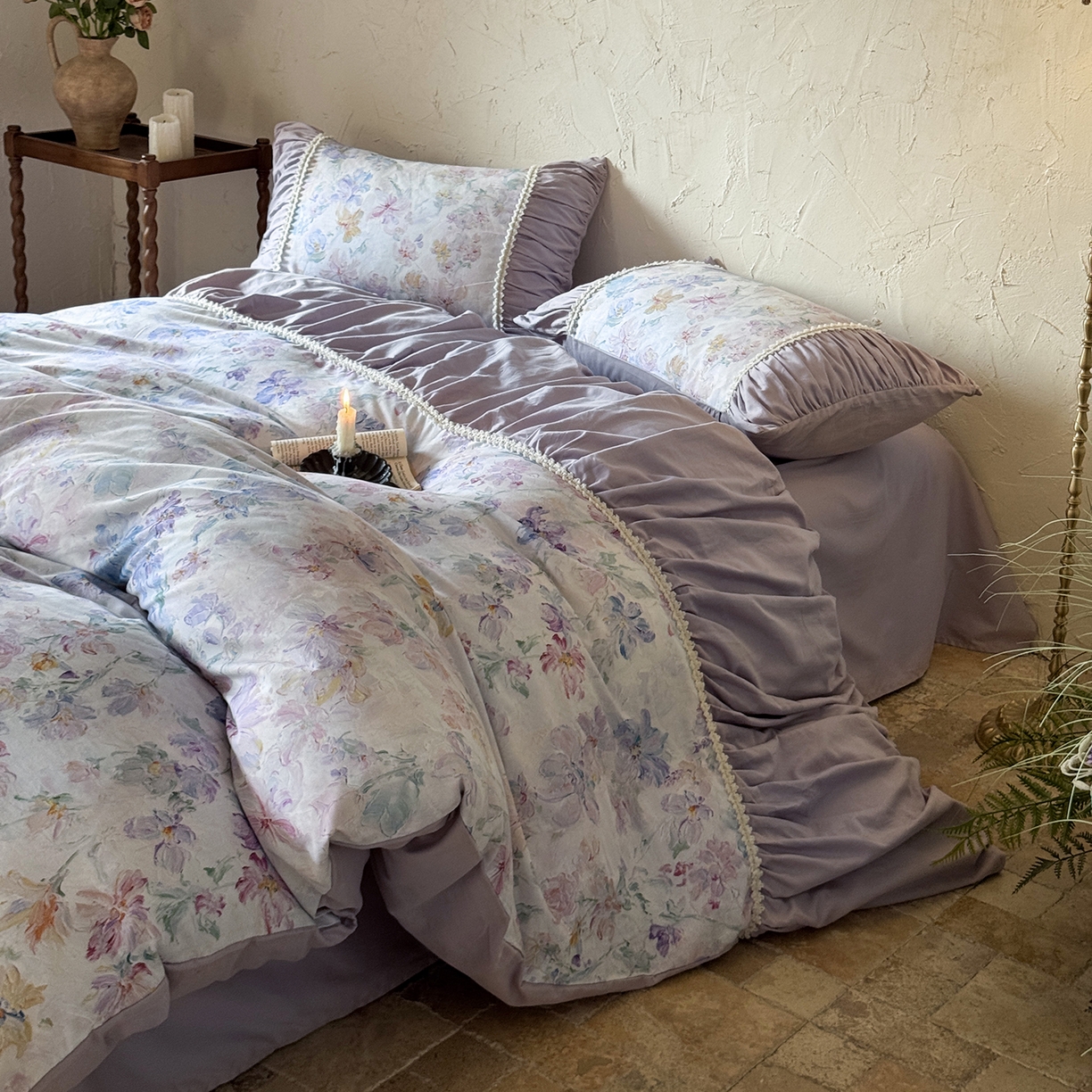 91家纺网 家纺一手货源 找家纺 寐居家纺 2025新款100支长绒棉纯棉磨毛四件套-蔓纱 蔓纱-紫