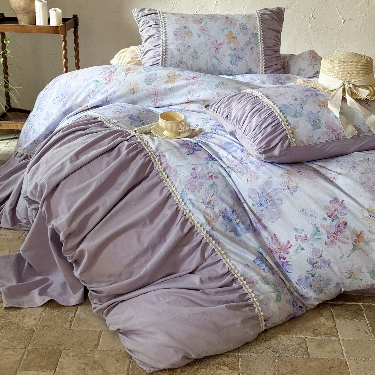 91家纺网 家纺一手货源 找家纺 寐居家纺 2025新款100支长绒棉纯棉磨毛四件套-蔓纱 蔓纱-紫