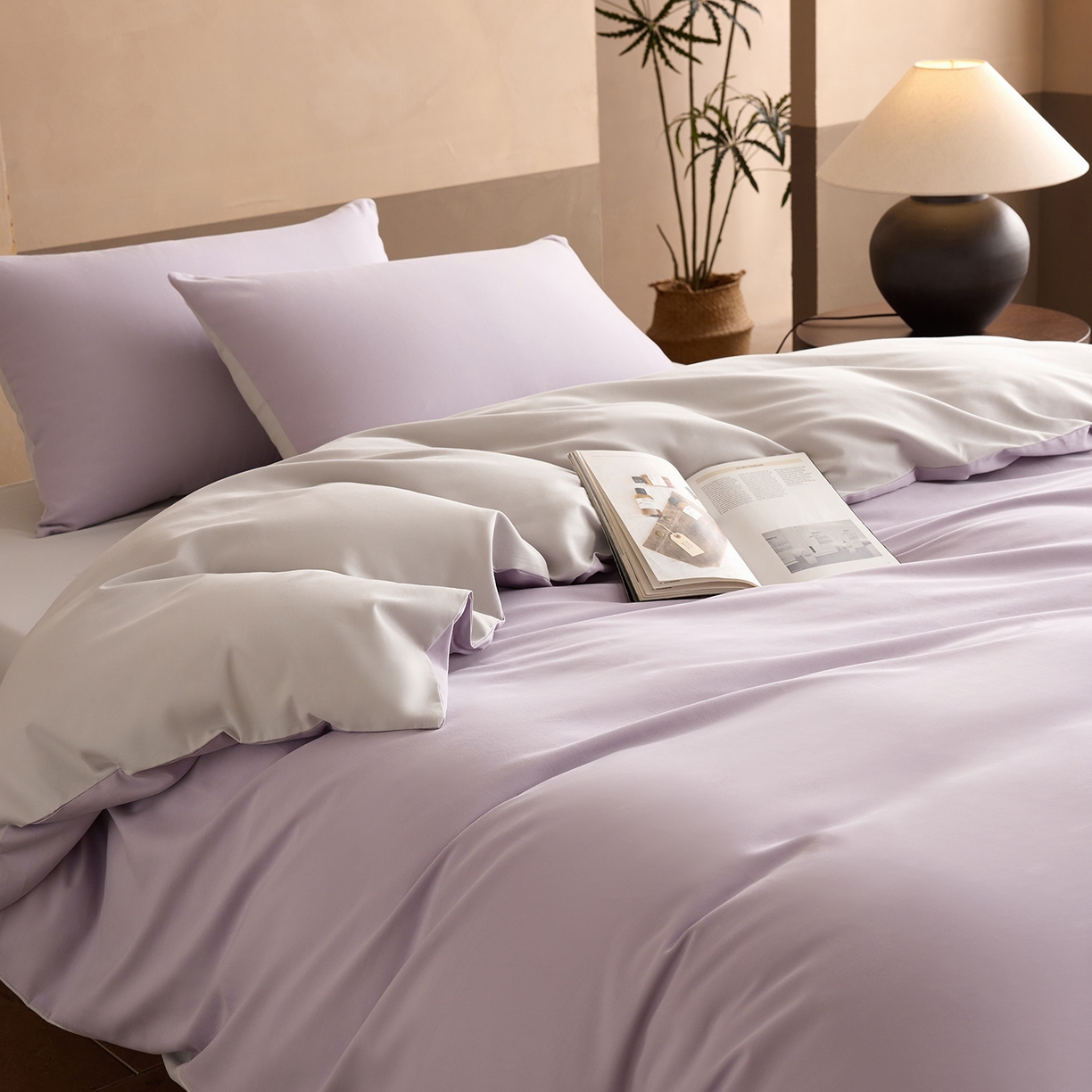 寐居家纺 2025新款A类100支全棉贡缎磨毛纯色双拼四件套-熙梦 熙梦-鸢尾紫