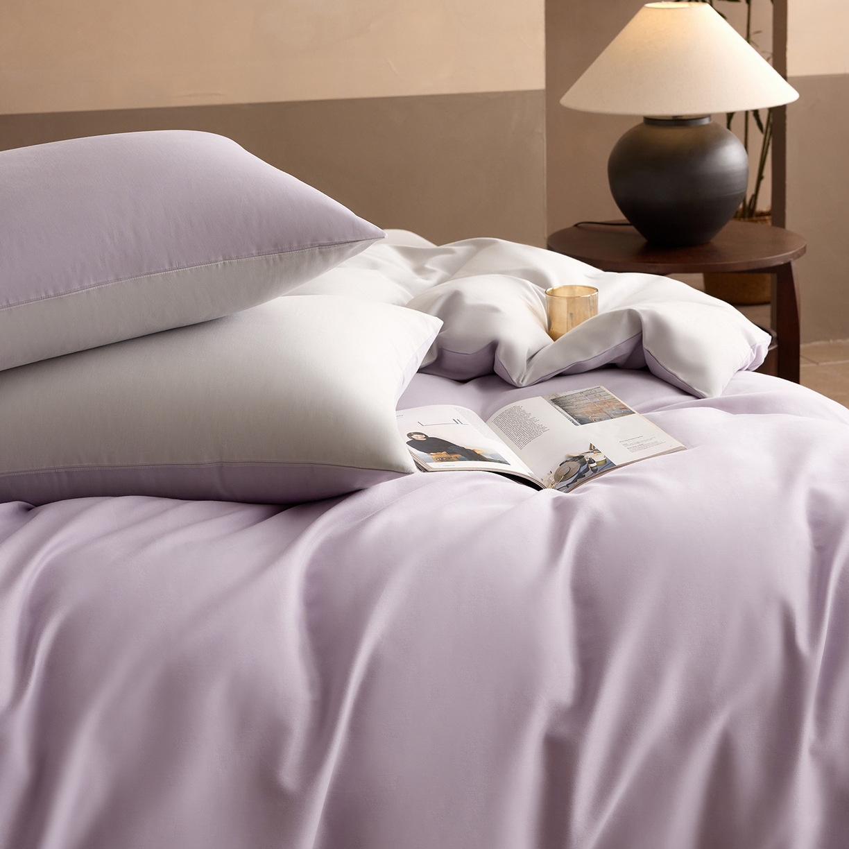 91家纺网 家纺一手货源 找家纺 寐居家纺 2025新款A类100支全棉贡缎磨毛纯色双拼四件套-熙梦 熙梦-鸢尾紫