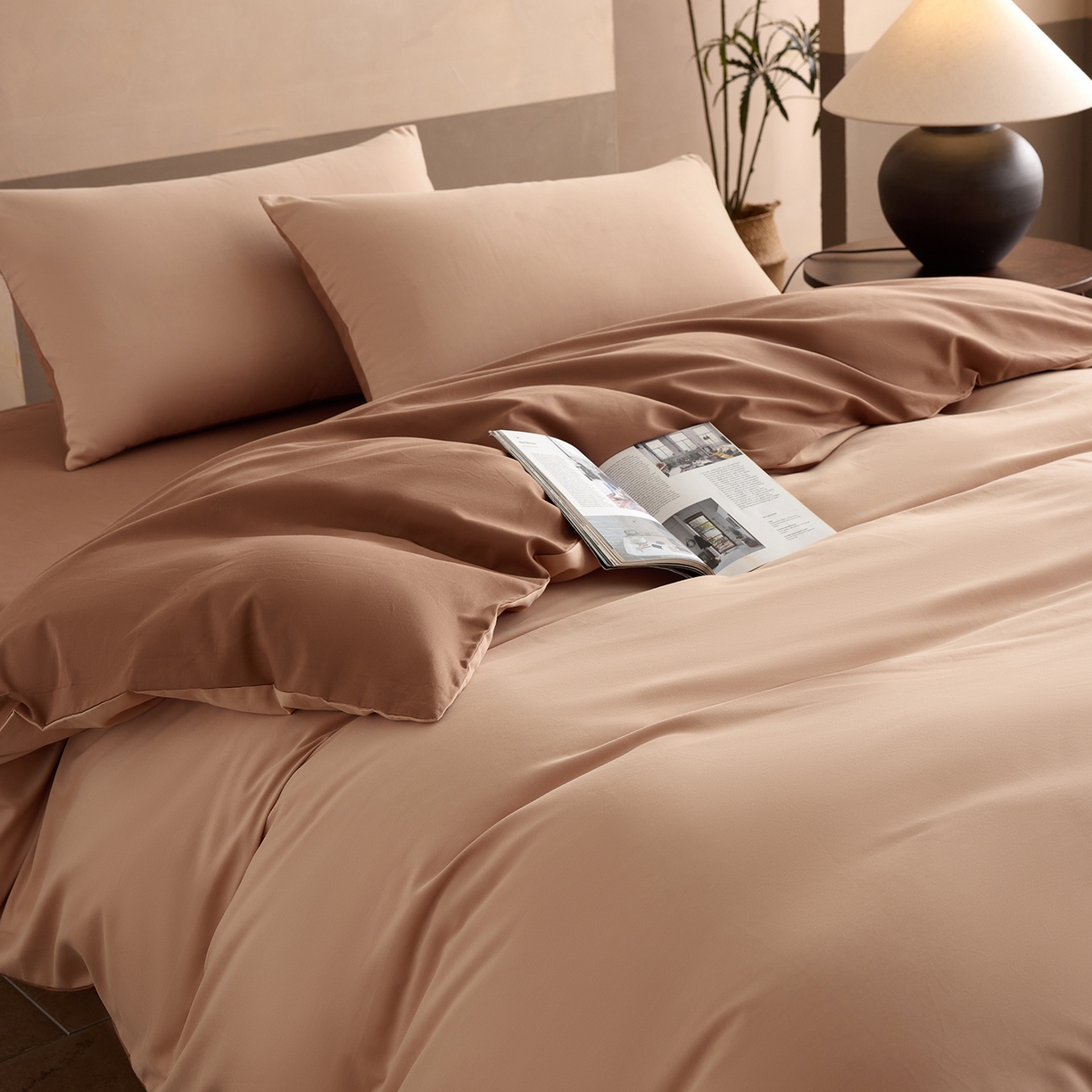 寐居家纺 2025新款A类100支全棉贡缎磨毛纯色双拼四件套-熙梦 熙梦-巧克力