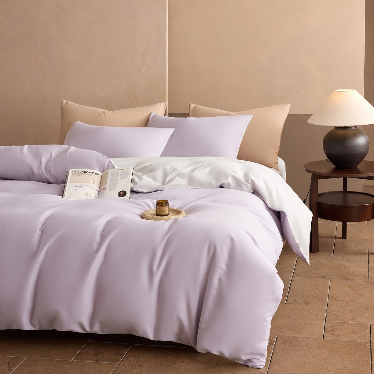 91家纺网 家纺一手货源 找家纺 寐居家纺 2025新款A类100支全棉贡缎磨毛纯色双拼四件套-熙梦 熙梦-鸢尾紫