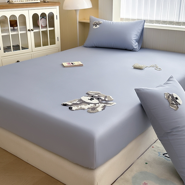 91家纺网 家纺一手货源 找家纺 寐居家纺 2025新款A类100支长绒棉毛巾绣床笠三件套 蓝色修狗