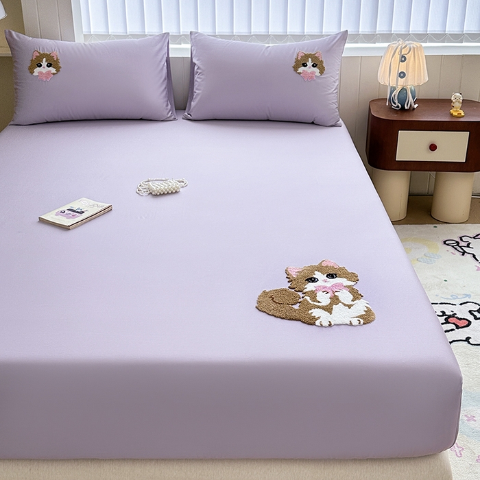 91家纺网 家纺一手货源 找家纺 寐居家纺 2025新款A类100支长绒棉毛巾绣床笠三件套 萌萌猫