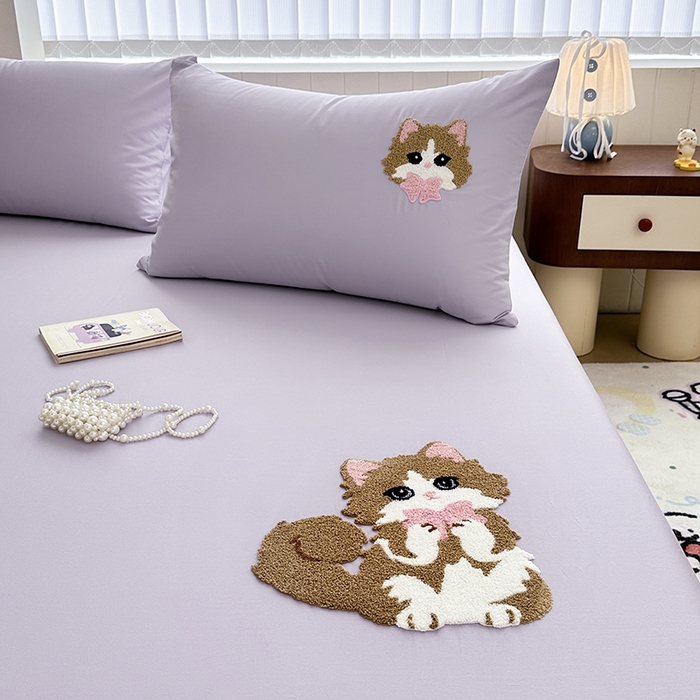 91家纺网 家纺一手货源 找家纺 寐居家纺 2025新款A类100支长绒棉毛巾绣床笠三件套 萌萌猫