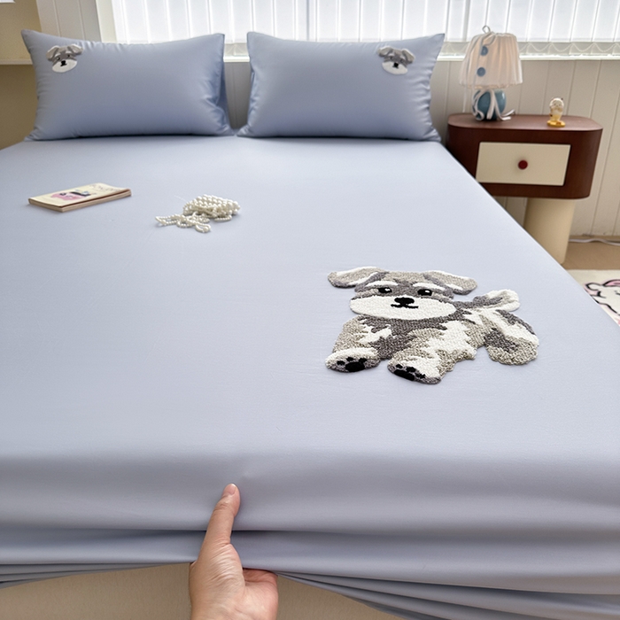 91家纺网 家纺一手货源 找家纺 寐居家纺 2025新款A类100支长绒棉毛巾绣床笠三件套 蓝色修狗