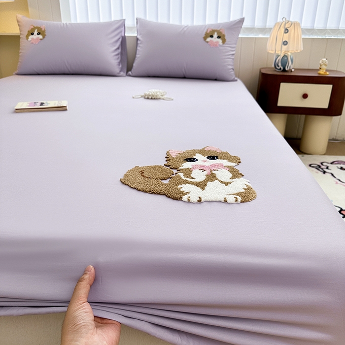 91家纺网 家纺一手货源 找家纺 寐居家纺 2025新款A类100支长绒棉毛巾绣床笠三件套 萌萌猫