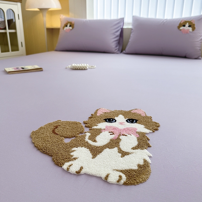 91家纺网 家纺一手货源 找家纺 寐居家纺 2025新款A类100支长绒棉毛巾绣床笠三件套 萌萌猫