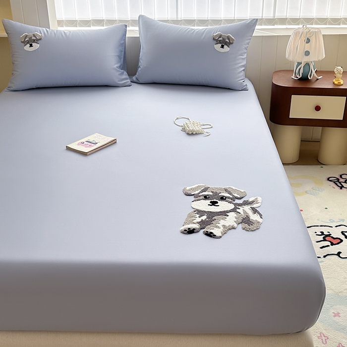 91家纺网 家纺一手货源 找家纺 寐居家纺 2025新款A类100支长绒棉毛巾绣床笠三件套 蓝色修狗