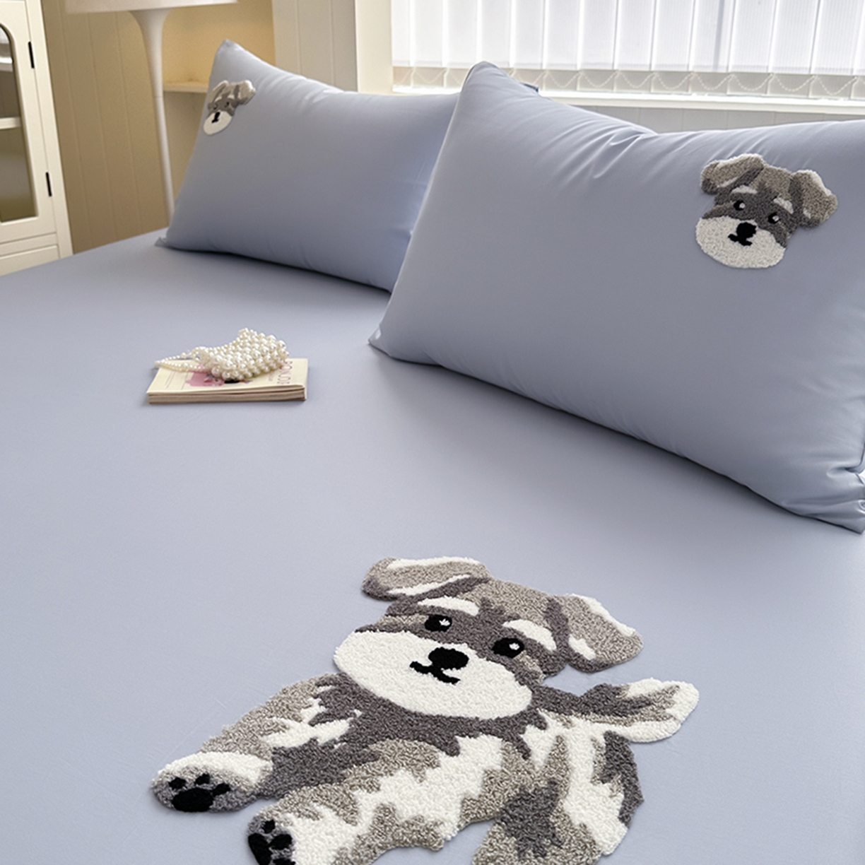 91家纺网 家纺一手货源 找家纺 寐居家纺 2025新款A类100支长绒棉毛巾绣床笠三件套 蓝色修狗