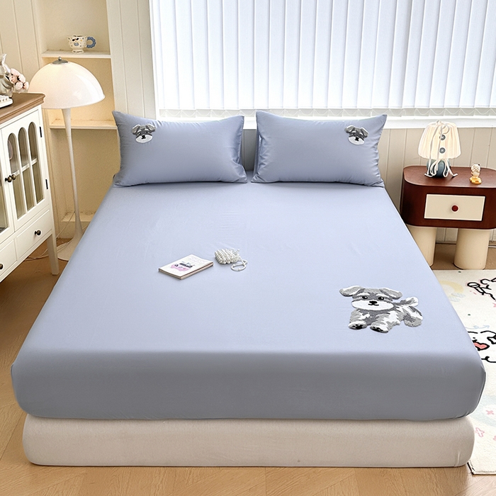 91家纺网 家纺一手货源 找家纺 寐居家纺 2025新款A类100支长绒棉毛巾绣床笠三件套 蓝色修狗