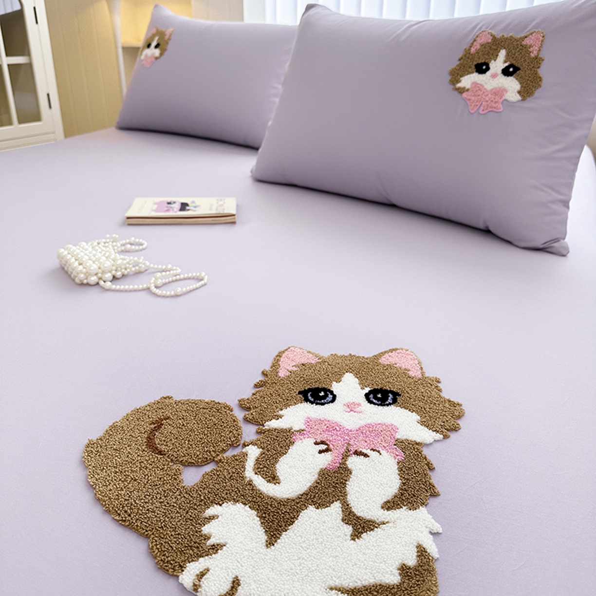 91家纺网 家纺一手货源 找家纺 寐居家纺 2025新款A类100支长绒棉毛巾绣床笠三件套 萌萌猫