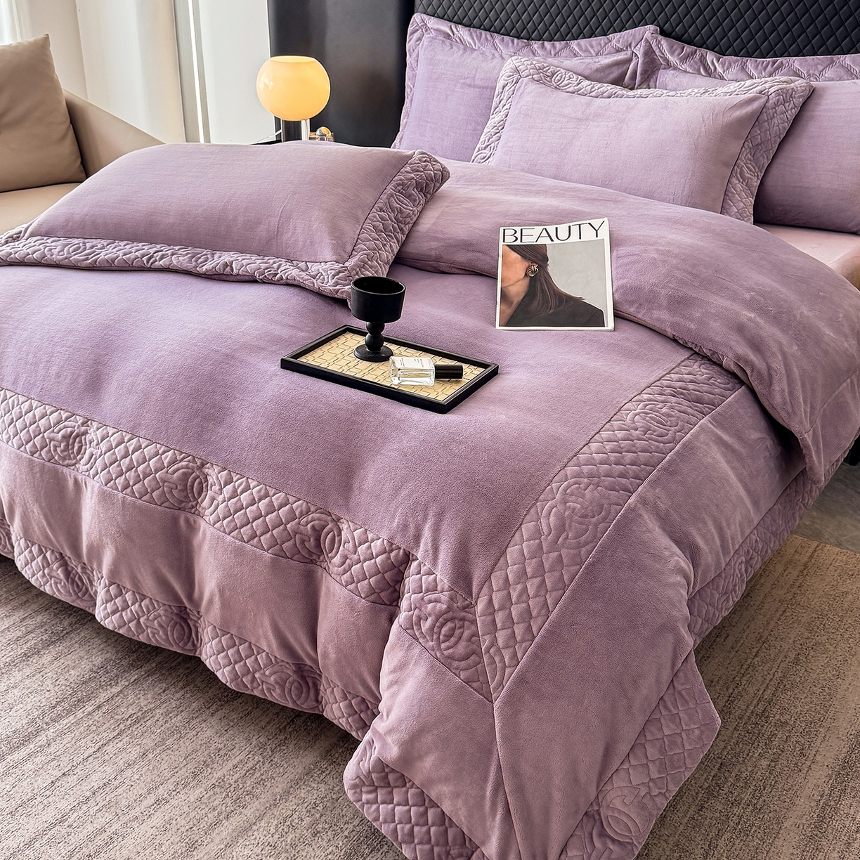 91家纺网 家纺一手货源 找家纺 保罗圣迪奥 2025新款250克全消光三拼角双C四件套-沐凡系列一 紫色