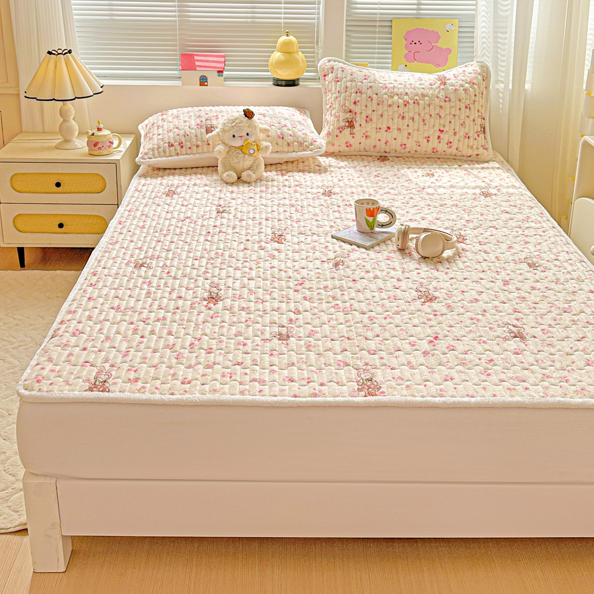 91家纺网 家纺一手货源 找家纺 水木坊 2025新款牛奶绒床垫保护垫床褥床垫子 萌宠小兔