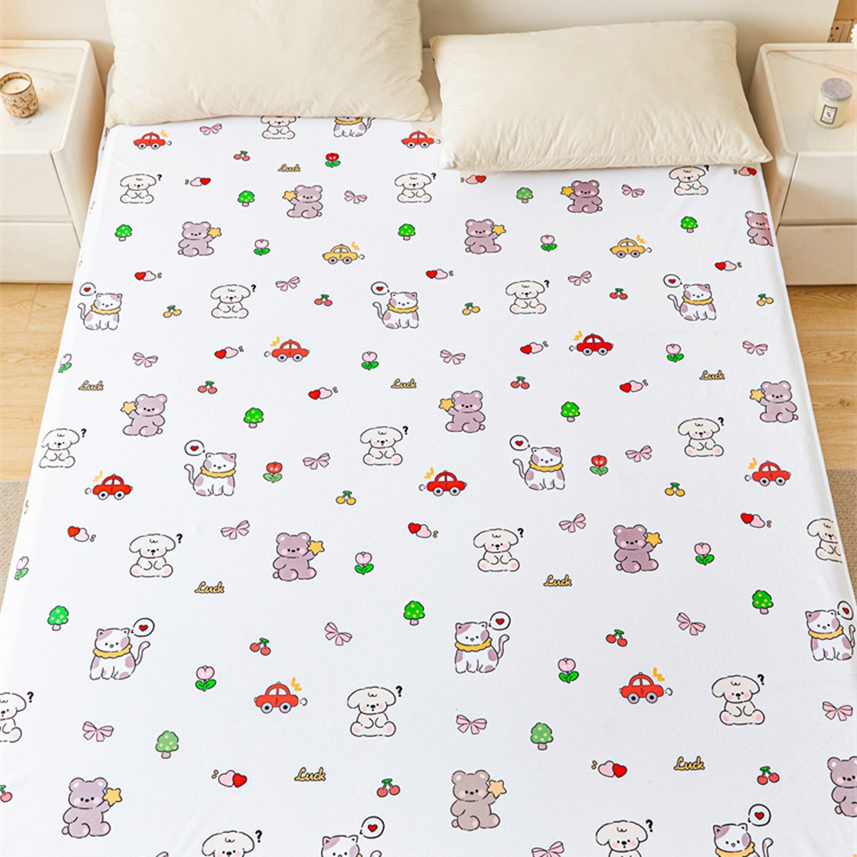 91家纺网 家纺一手货源 找家纺 雯豆家纺 2025新款防水隔尿垫子卡通成人床垫保护罩A类宝宝尿垫 防水隔尿垫-爱心萌宠