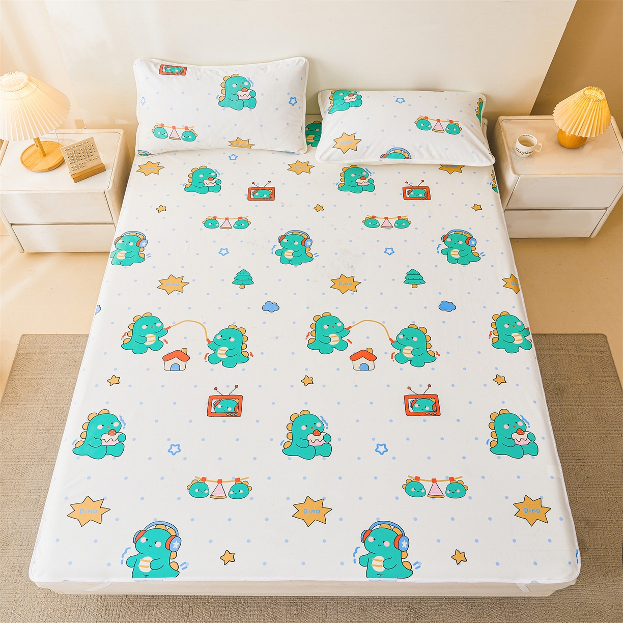 91家纺网 家纺一手货源 找家纺 雯豆家纺 2025新款防水隔尿垫子卡通成人床垫保护罩A类宝宝尿垫 防水隔尿垫-恐龙运动员