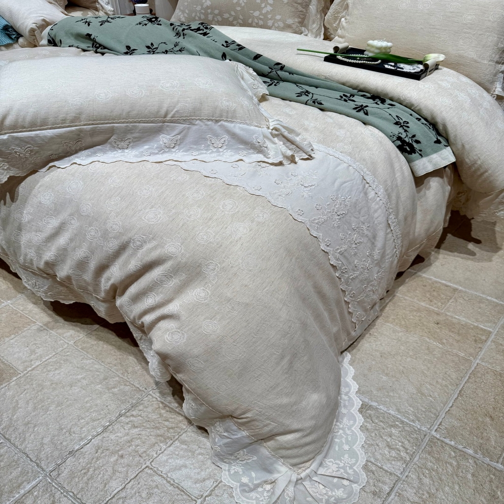 91家纺网 家纺一手货源 找家纺  [91家纺网精选] 新款全棉水洗花边浮雕棉麻四件套