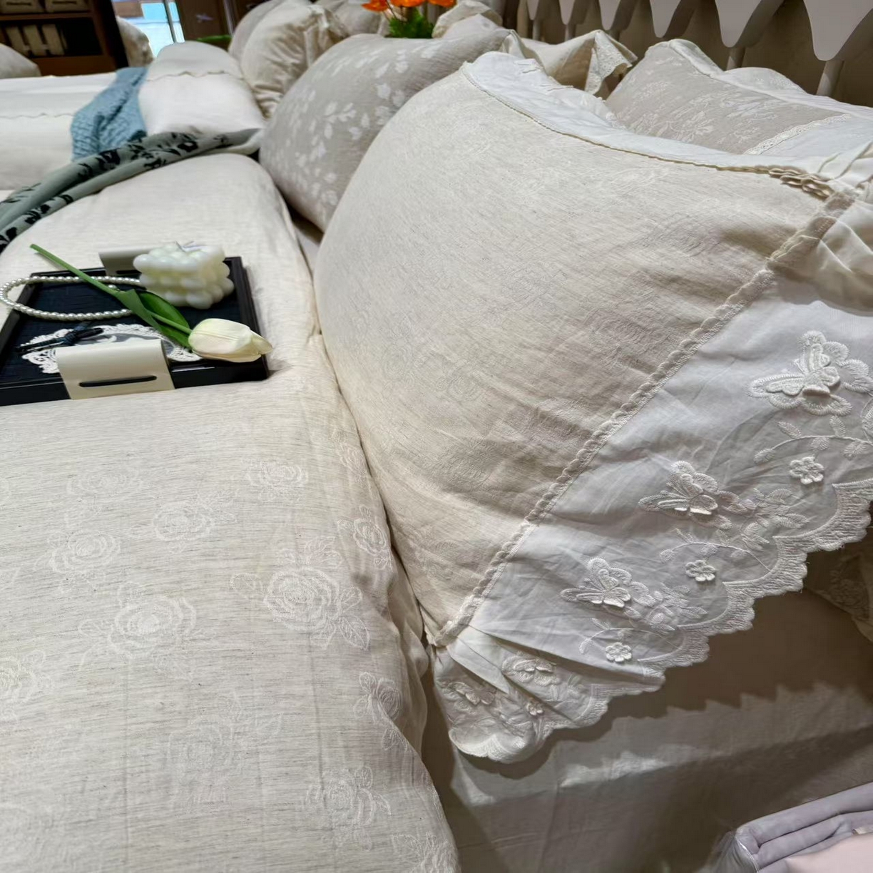 91家纺网 家纺一手货源 找家纺  [91家纺网精选] 新款全棉水洗花边浮雕棉麻四件套