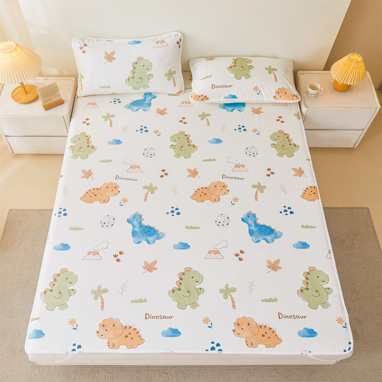 91家纺网 家纺一手货源 找家纺 雯豆家纺 2025新款防水隔尿垫子卡通成人床垫保护罩A类宝宝尿垫 防水隔尿垫-沙滩恐龙