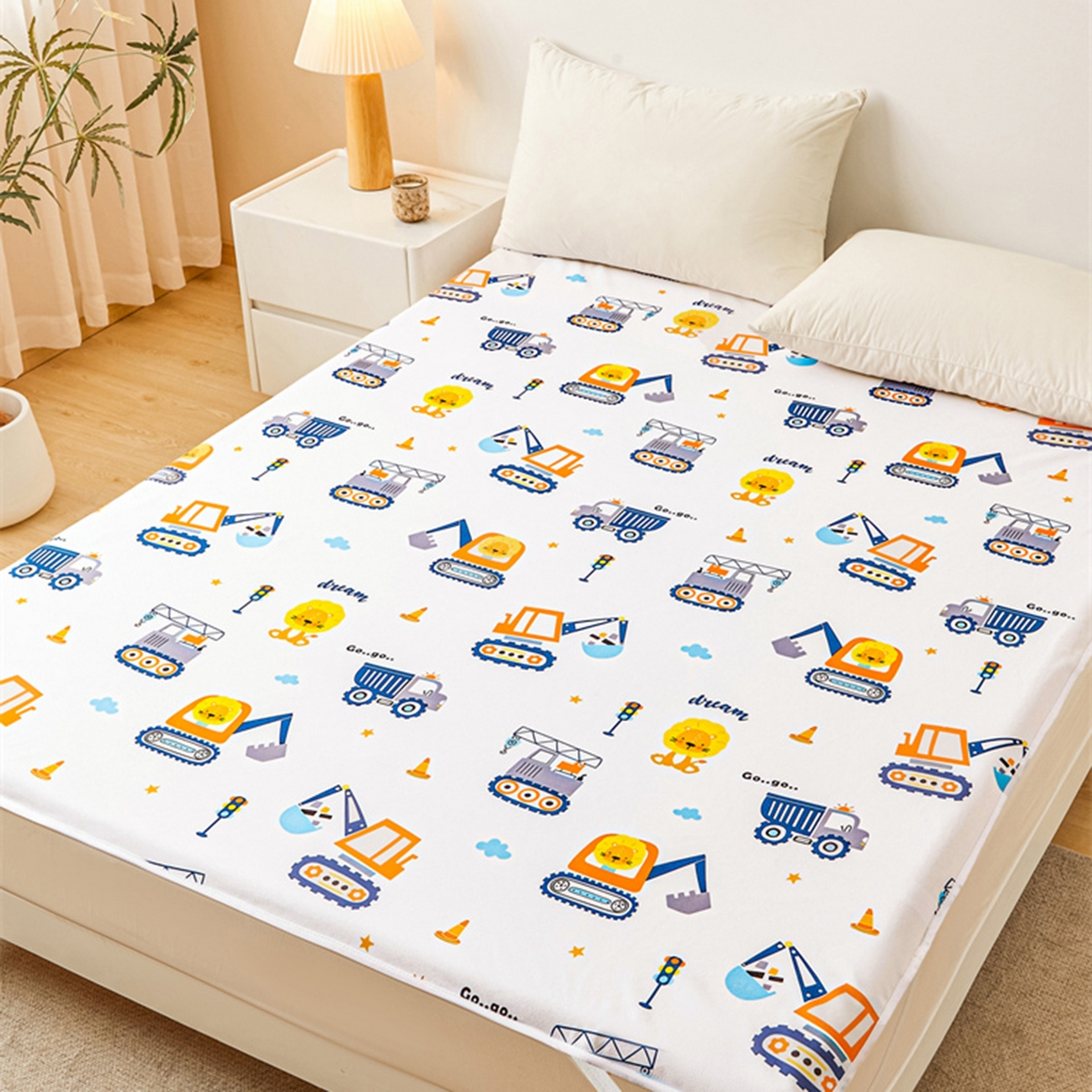 91家纺网 家纺一手货源 找家纺 雯豆家纺 2025新款防水隔尿垫子卡通成人床垫保护罩A类宝宝尿垫 防水隔尿垫-挖掘机