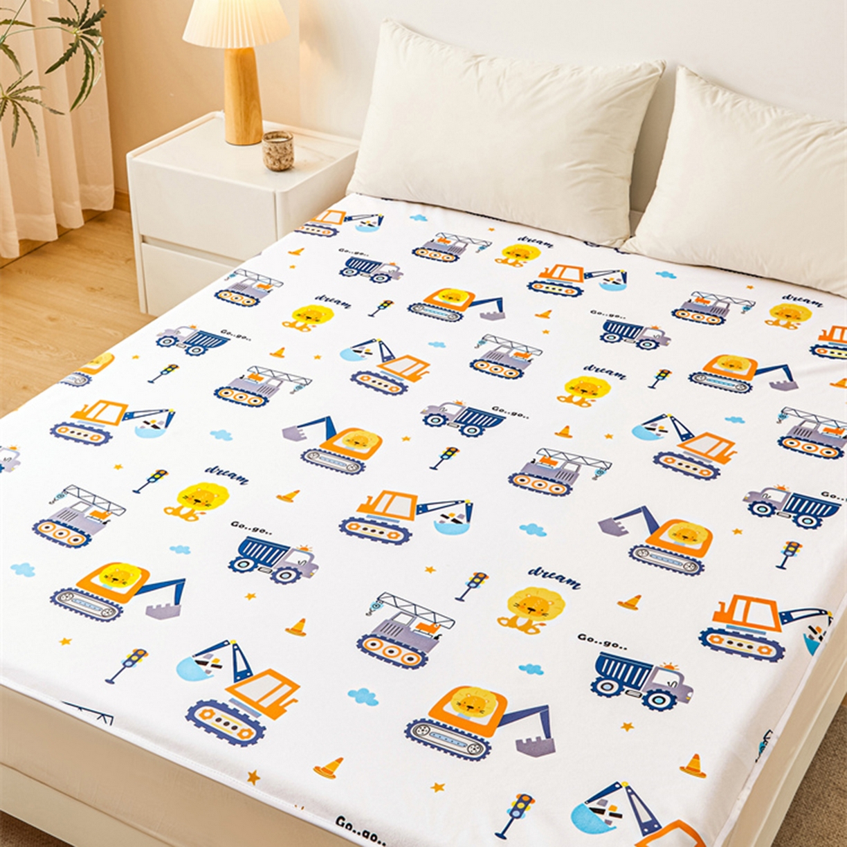 91家纺网 家纺一手货源 找家纺 雯豆家纺 2025新款防水隔尿垫子卡通成人床垫保护罩A类宝宝尿垫 防水隔尿垫-挖掘机