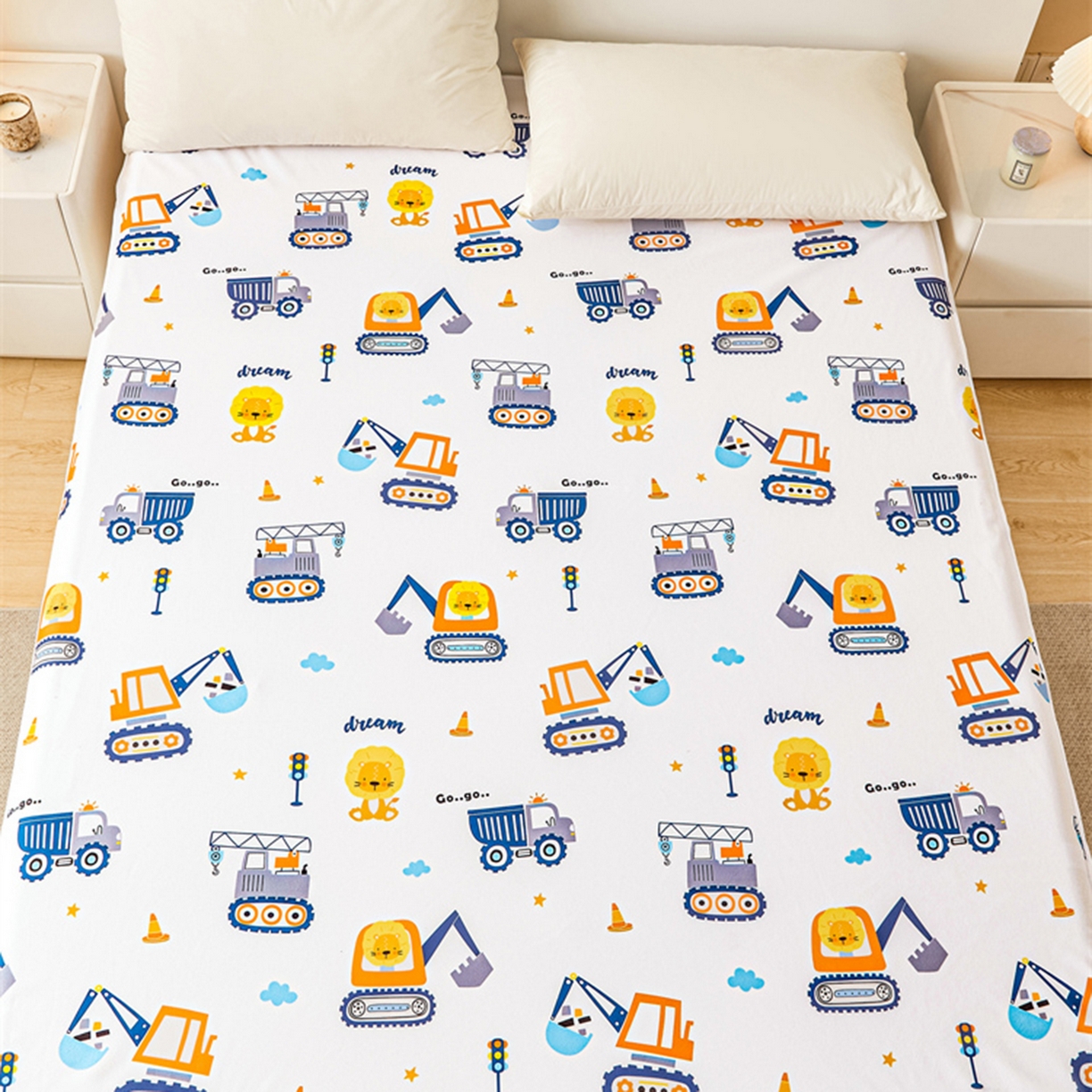 91家纺网 家纺一手货源 找家纺 雯豆家纺 2025新款防水隔尿垫子卡通成人床垫保护罩A类宝宝尿垫 防水隔尿垫-挖掘机