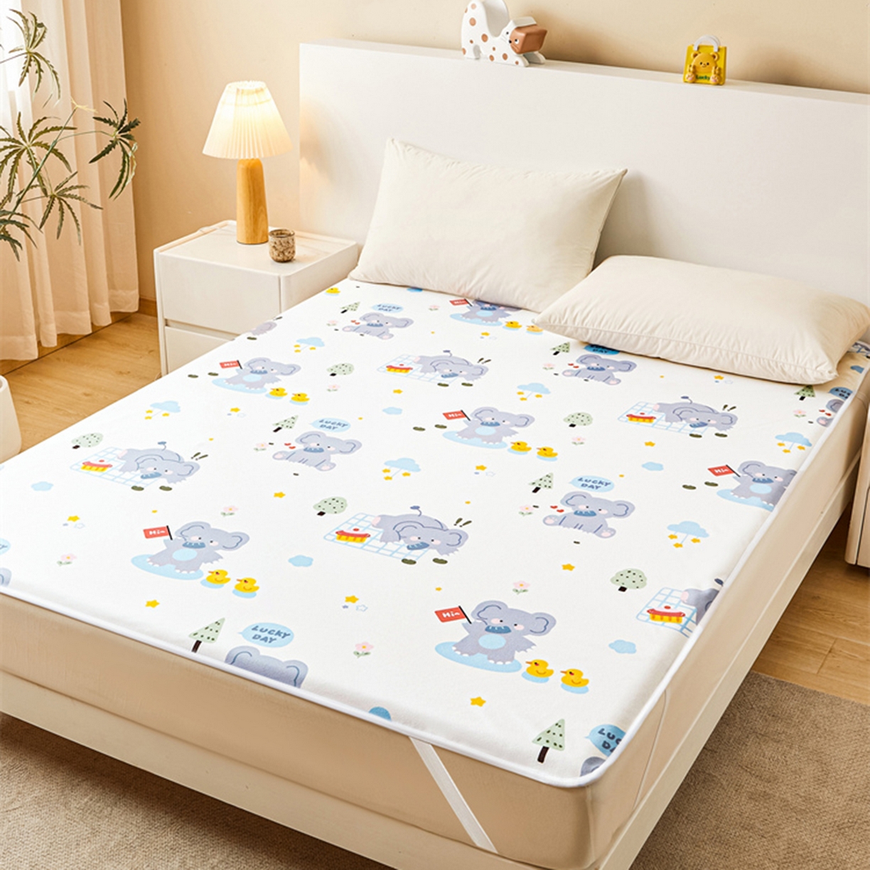 91家纺网 家纺一手货源 找家纺 雯豆家纺 2025新款防水隔尿垫子卡通成人床垫保护罩A类宝宝尿垫 防水隔尿垫-小象嘟嘟