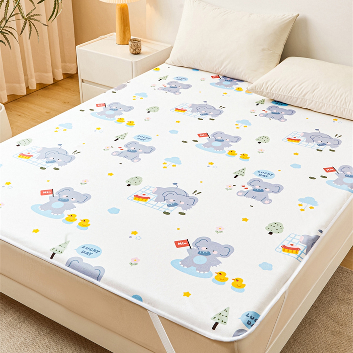 91家纺网 家纺一手货源 找家纺 雯豆家纺 2025新款防水隔尿垫子卡通成人床垫保护罩A类宝宝尿垫 防水隔尿垫-小象嘟嘟