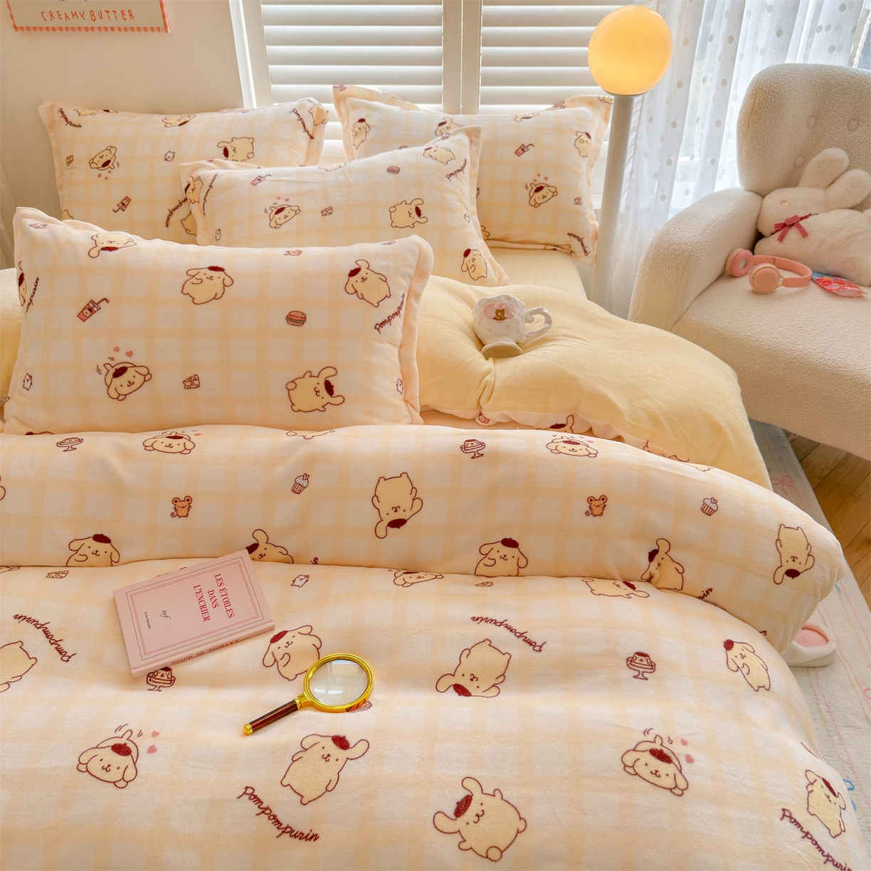 91家纺网 家纺一手货源 找家纺 名兮家居 2025新款经典奥特曼-三丽鸥加厚牛奶绒单被套 格子布丁狗