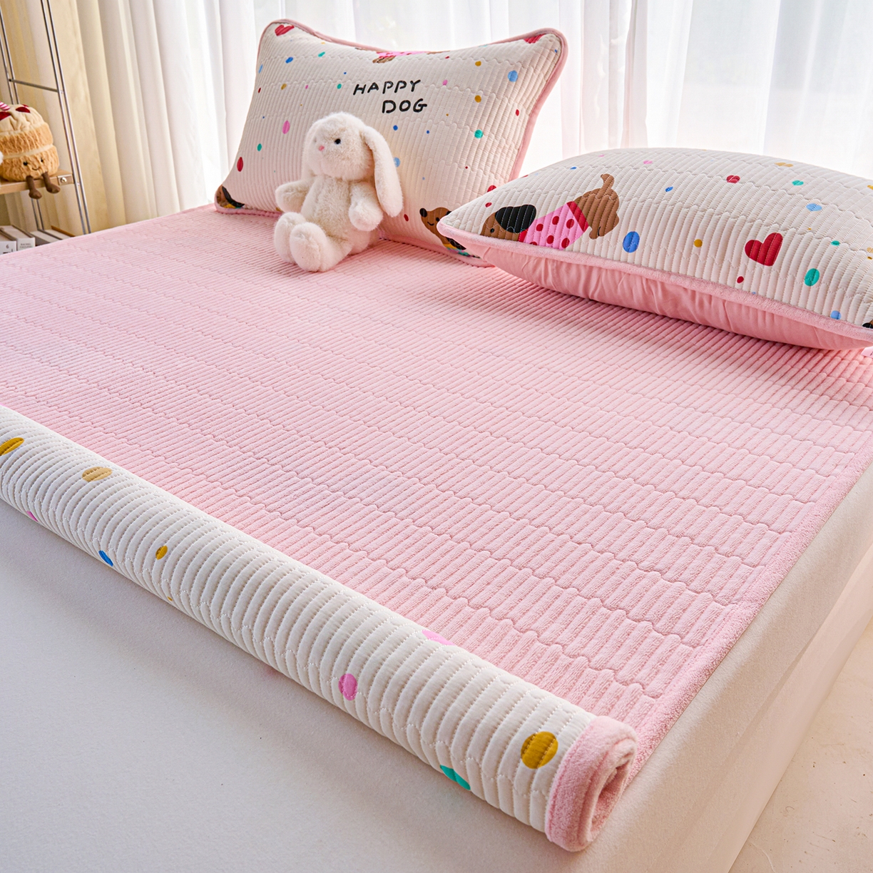 91家纺网 家纺一手货源 找家纺 小叮当家纺仓储工厂店 2025新款棉加绒床垫一面全棉一面牛奶绒床褥垫软床垫床盖四季通用 甜心汪星人（A棉B绒）