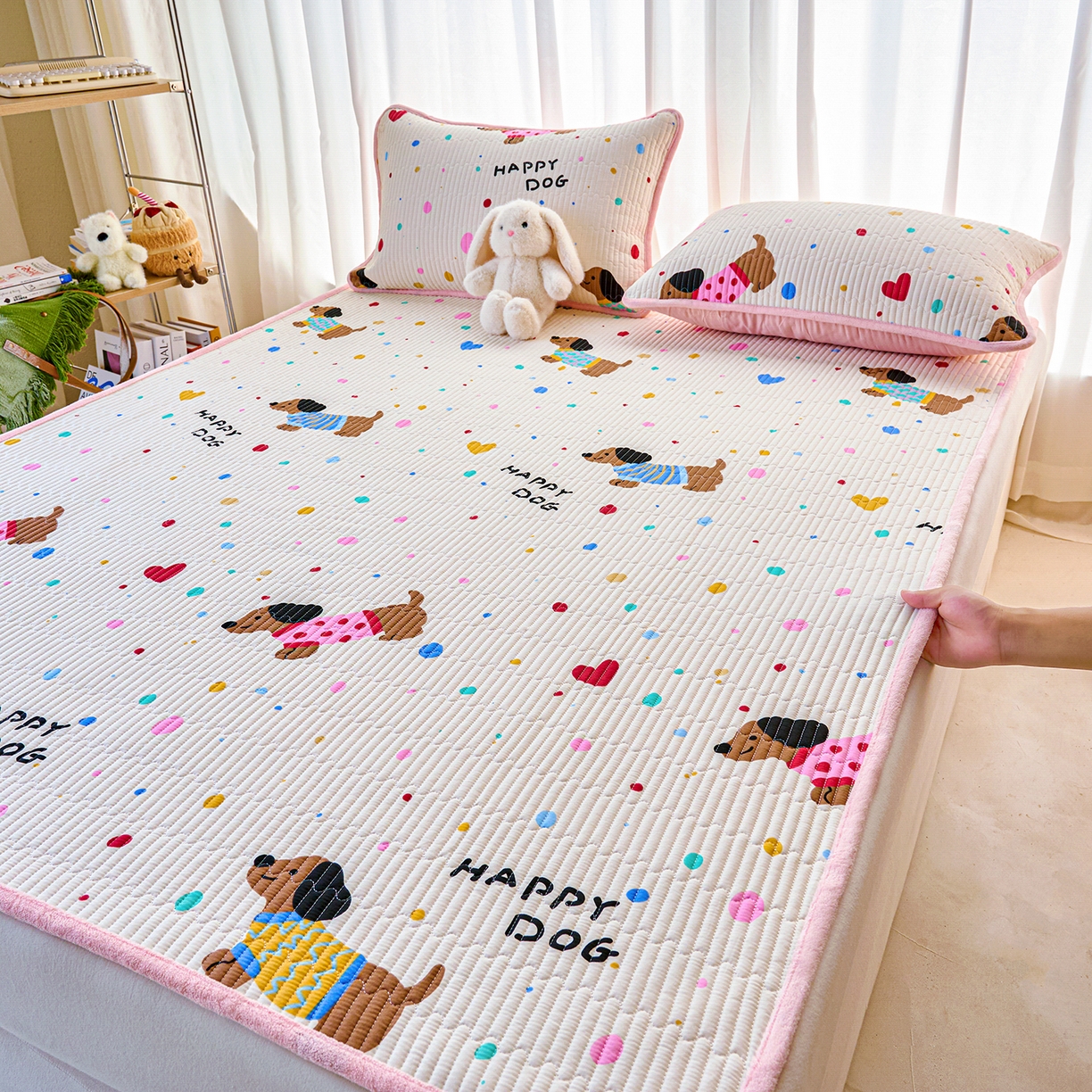 91家纺网 家纺一手货源 找家纺 小叮当家纺仓储工厂店 2025新款棉加绒床垫一面全棉一面牛奶绒床褥垫软床垫床盖四季通用 甜心汪星人（A棉B绒）