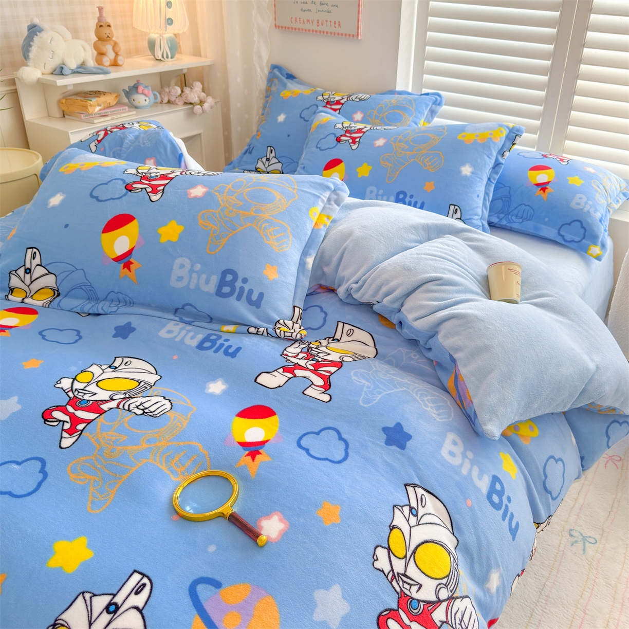 91家纺网 家纺一手货源 找家纺 名兮家居 2025新款经典奥特曼-三丽鸥加厚牛奶绒单被套 闪电艾斯