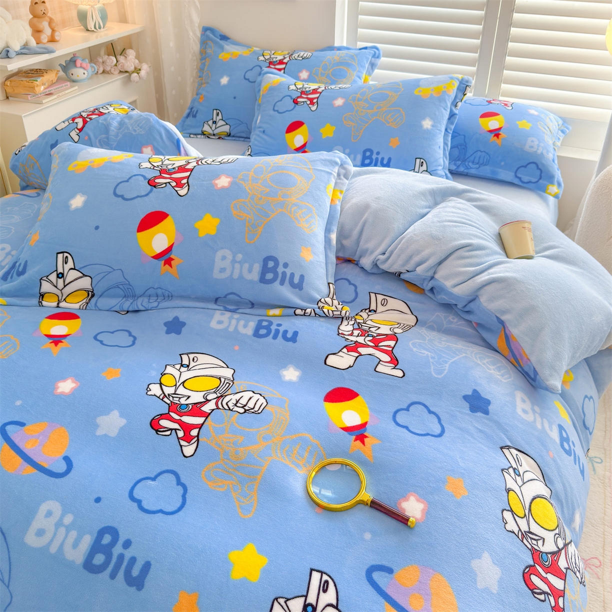 91家纺网 家纺一手货源 找家纺 名兮家居 2025新款经典奥特曼-三丽鸥加厚牛奶绒单被套 闪电艾斯