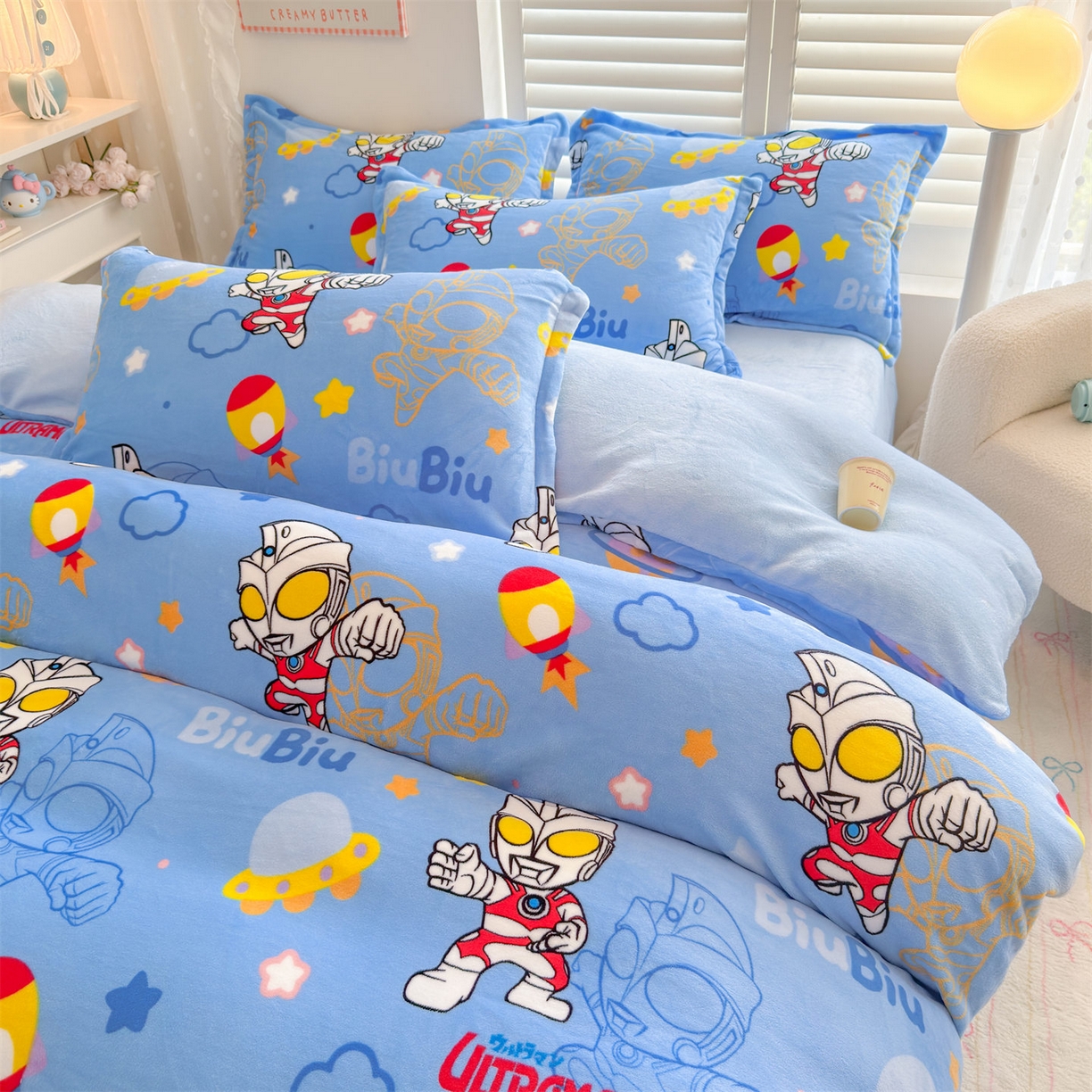 91家纺网 家纺一手货源 找家纺 名兮家居 2025新款经典奥特曼-三丽鸥加厚牛奶绒单被套 闪电艾斯